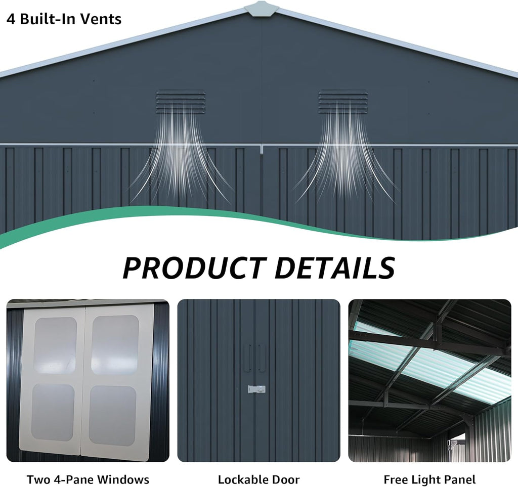 KUIKUI Sheds & Outdoor Storage 13x20ft Upgrade, Heavy Duty Outdoor Storage Shed with 2 Windows and 2 Translucent Roof for Car and Tools
