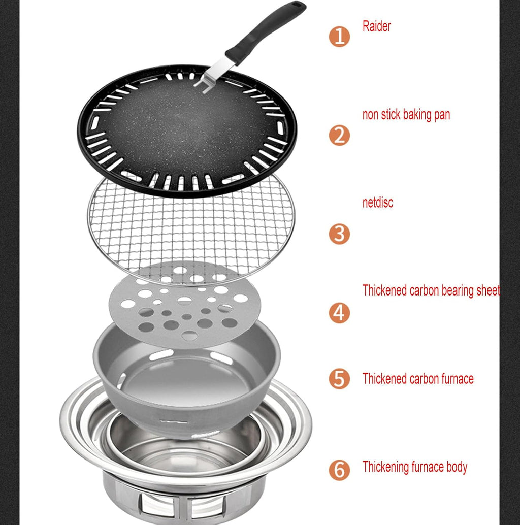 Charcoal Barbecue Grill, Non-Stick Korean BBQ Grill, Portable Stainless Steel Charcoal Stove for Home Party Outdoor Camping