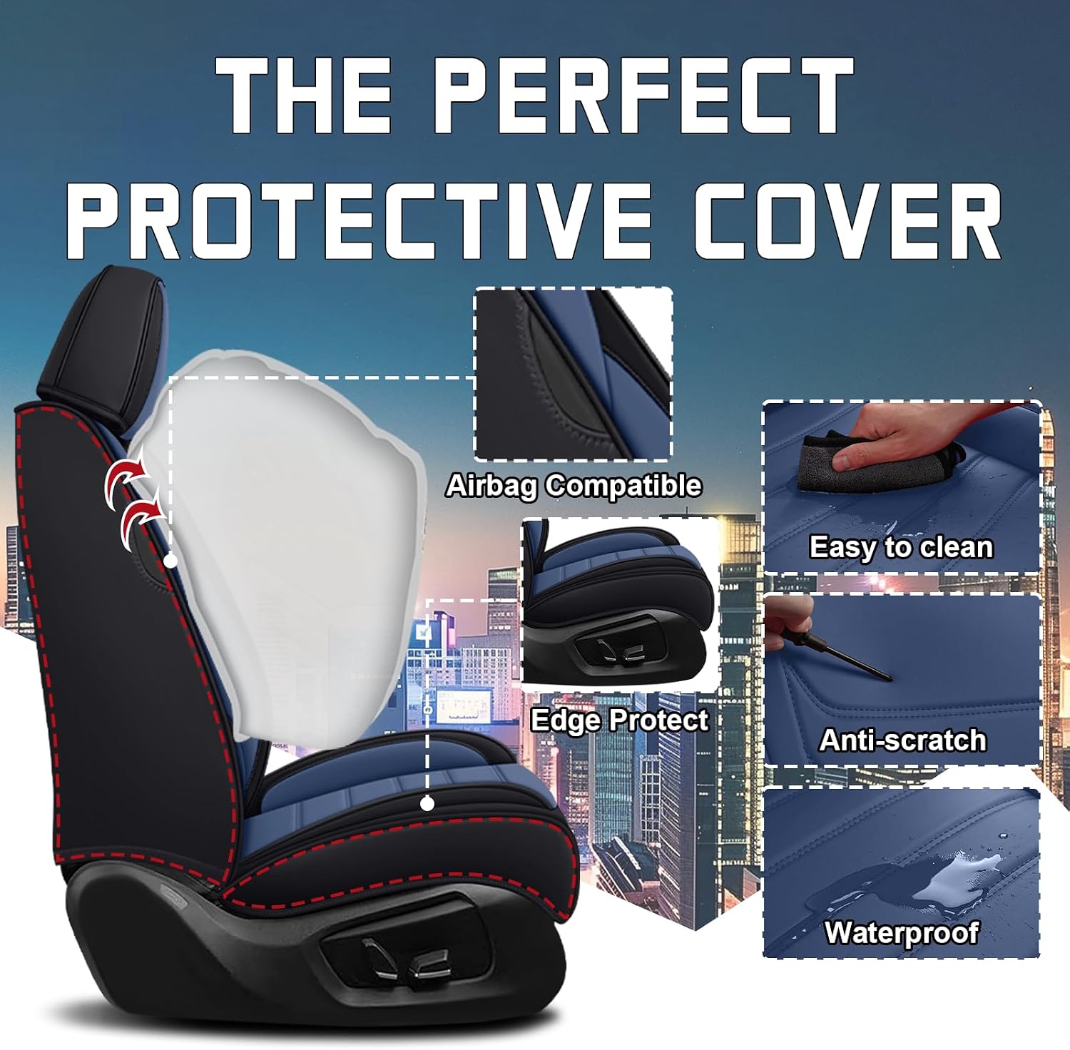 Car Seat Cover Full Set for Toyota Grand Highlander Seat Covers 2024-2025, Nappa Leather Waterproof Seat Covers For Cars, Airbag Safe, Universal Automotive Seat Covers(Standard Front Row/Black Blue)
