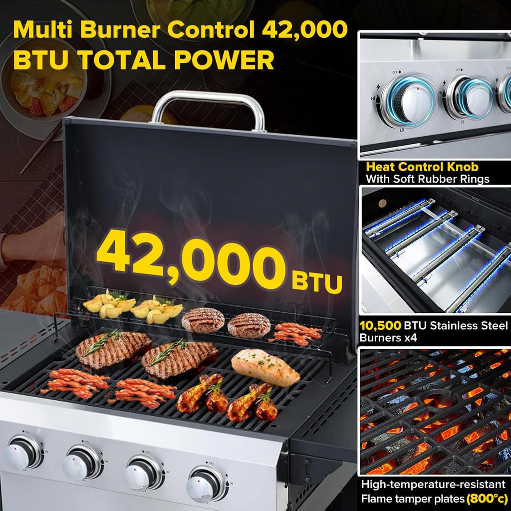CIG GARDEN 4-Burner Propane Flat Top Grill, 42,000 BTU Stainless Steel Commercial-Style Griddle for Patio, Backyard, Camping & Outdoor BBQ