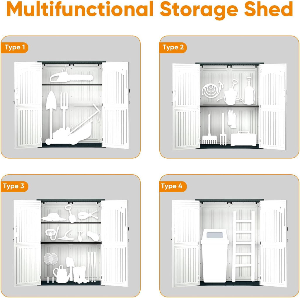 ZYJOYY 4.5 x 5.7 FT Outdoor Storage Shed, 59 Cuft Outside Waterproof Storage Cabinet, HDPE Resin Plastic 385 Gallon Outdoor Storage Container, Vertical Lockable Storage Shed, Light Grey
