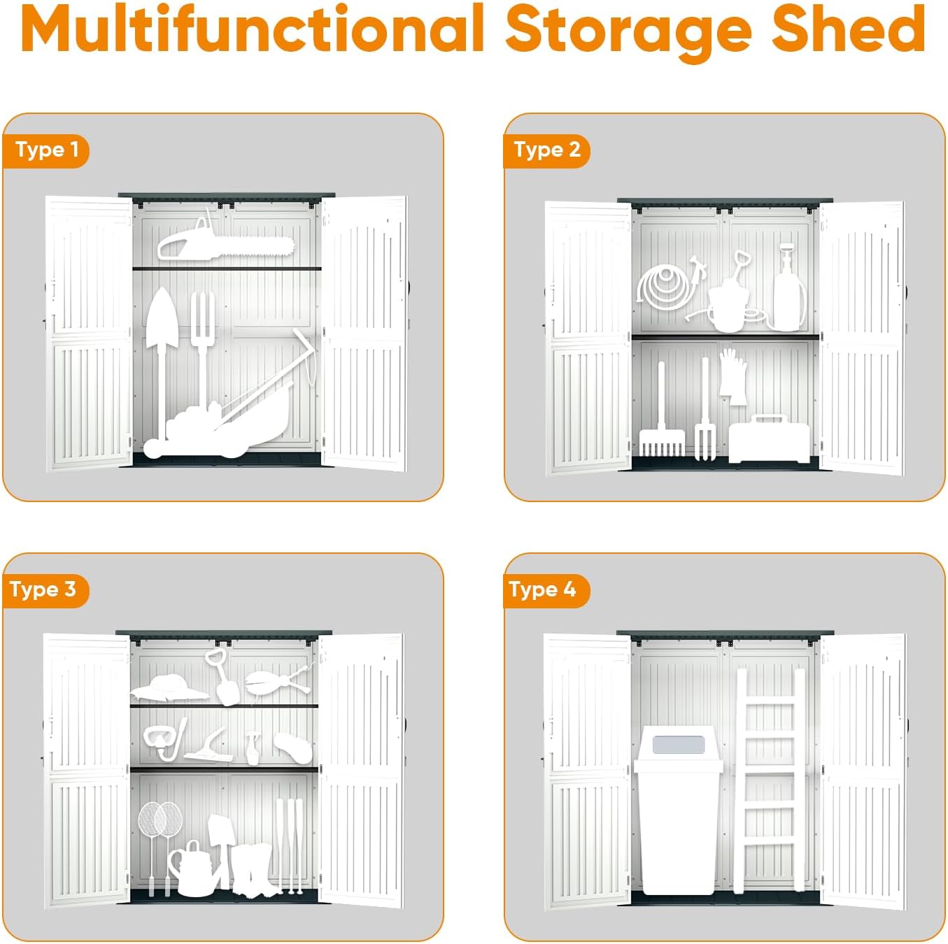 ZYJOYY 4.5 x 5.7 FT Outdoor Storage Shed, 59 Cuft Outside Waterproof Storage Cabinet, HDPE Resin Plastic 385 Gallon Outdoor Storage Container, Vertical Lockable Storage Shed, Light Grey