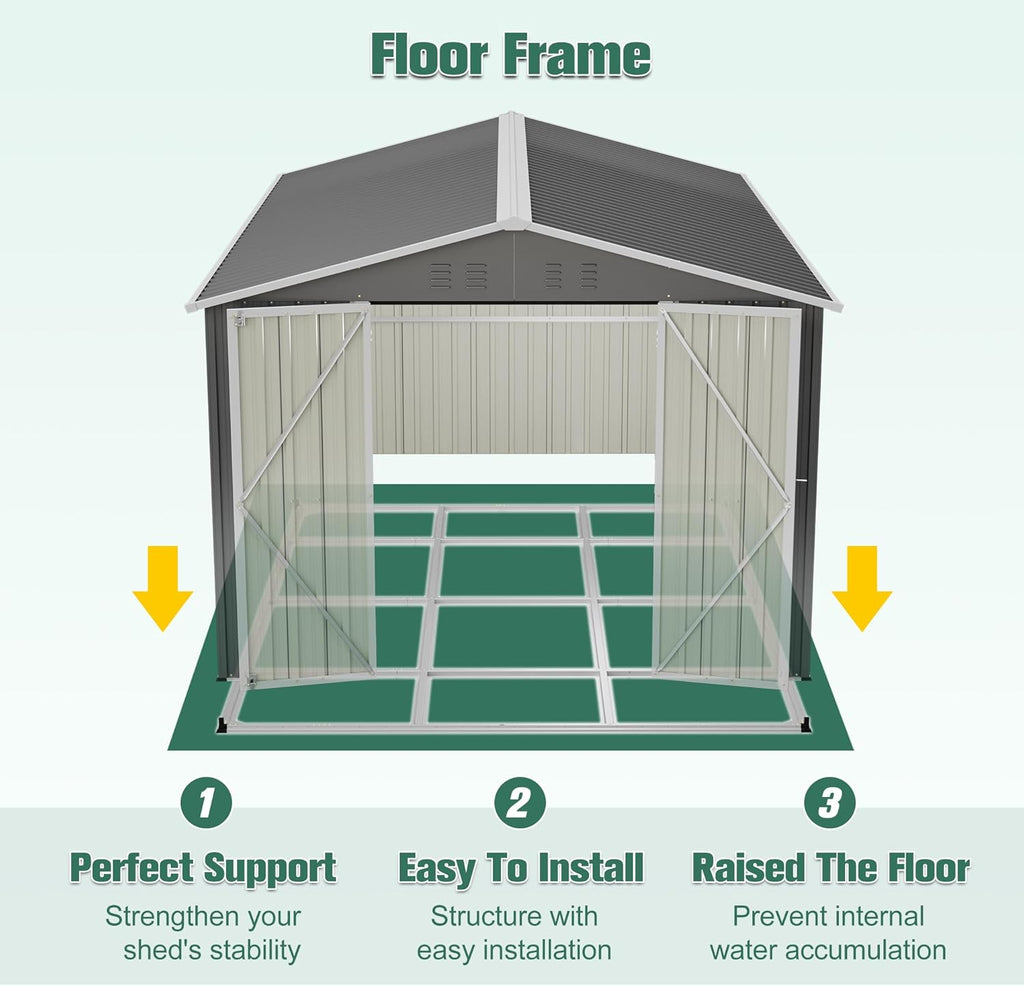YOPTO 8x12 FT Large Outdoor Storage Shed with Lockable Doors & Floor Base,Weather-Resistant Metal Tool Shed for Garden, Backyard,Patio,Lawn,Gray
