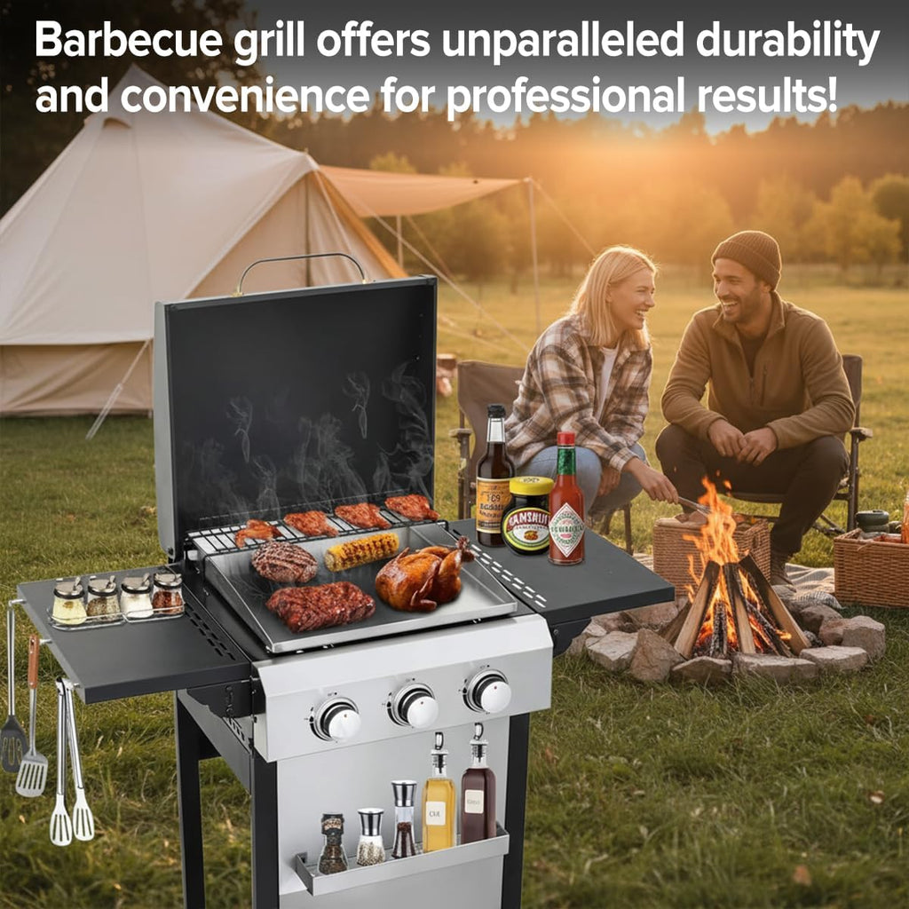 CIG GARDEN 3-Burner Propane Flat Top Grill, 31,500 BTU Stainless Steel Griddle for Outdoor BBQ - Patio, Backyard & Camping Gas Grill