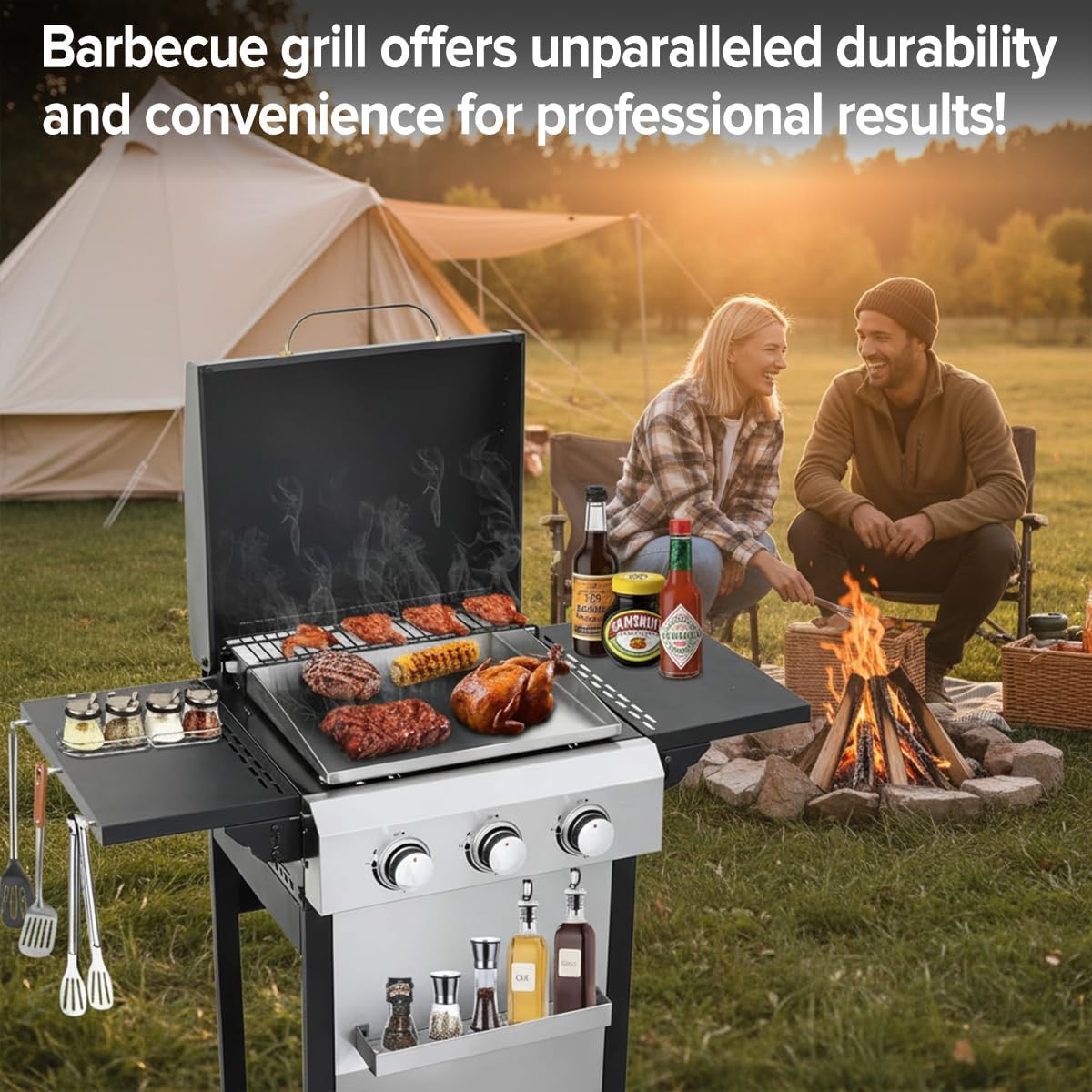 CIG GARDEN 3-Burner Propane Flat Top Grill, 31,500 BTU Stainless Steel Griddle for Outdoor BBQ - Patio, Backyard & Camping Gas Grill