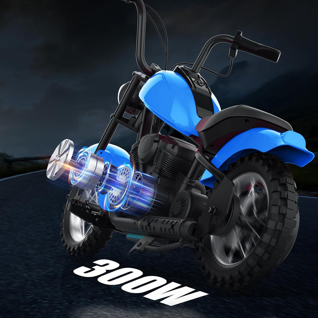 Garveelife Electric Dirt Bike, 15 Mph & 150 LB Max, 24V Ride On Toy for Big Kids w/Led Lights & Power Display, 300W Chain-Driven Motor, Two Speed, Handbrake, Leather Seat, 12 in Air-Filled Tires, Blue