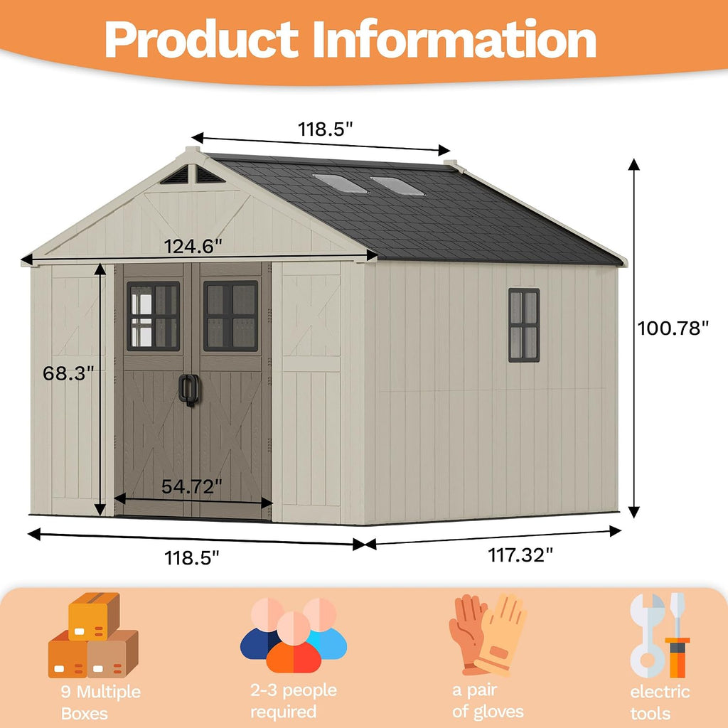 Devoko 10 x 10 FT Plastic Outdoor Storage Shed with Windows, Beige