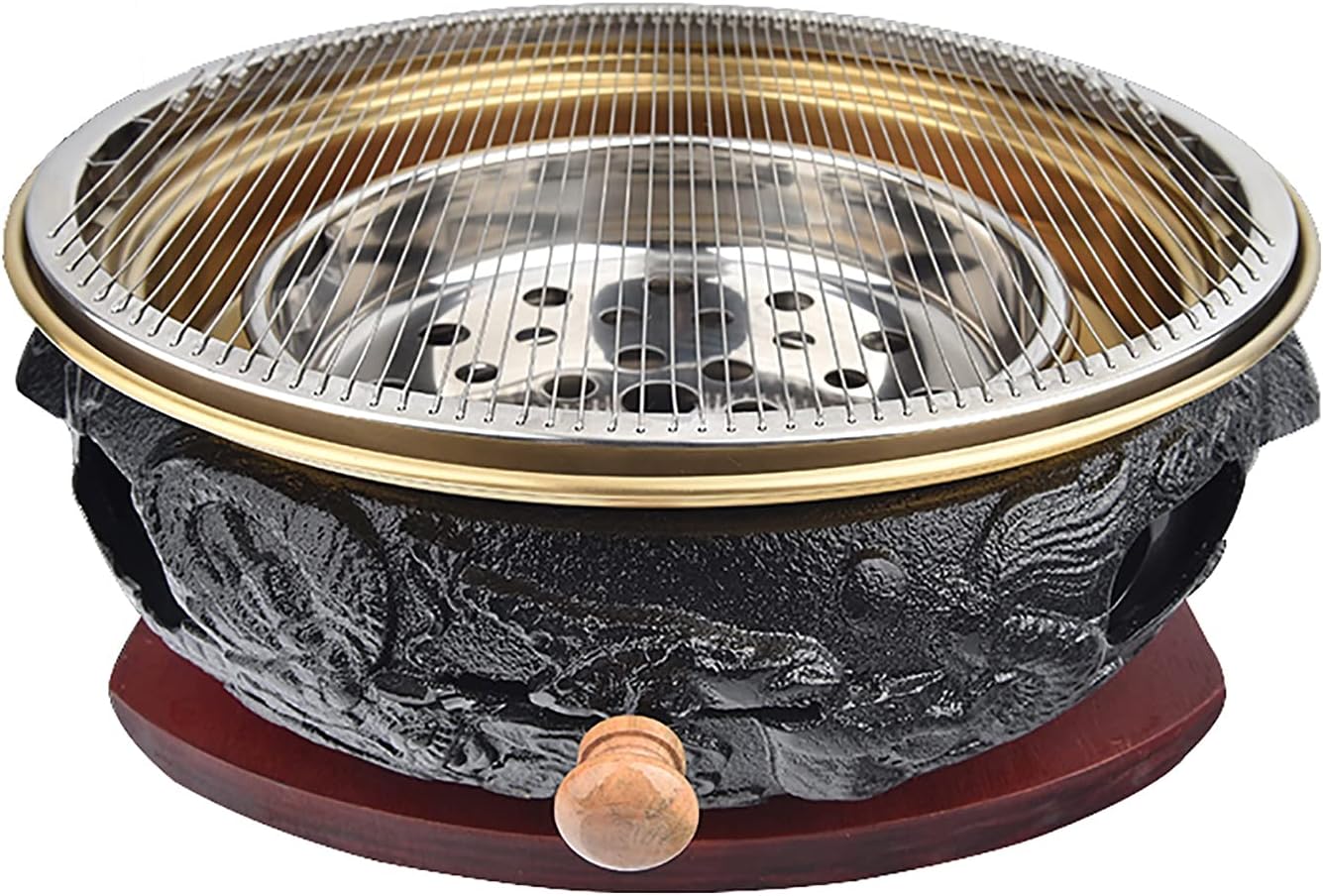 BBQ Barbeque Barbecue Grill, BBQ, Top Korean Smokeless Charcoal Dragon Pattern Cast Iron Grill, Stainless Steel Striped Plate, 18 Styles (Color : Q)