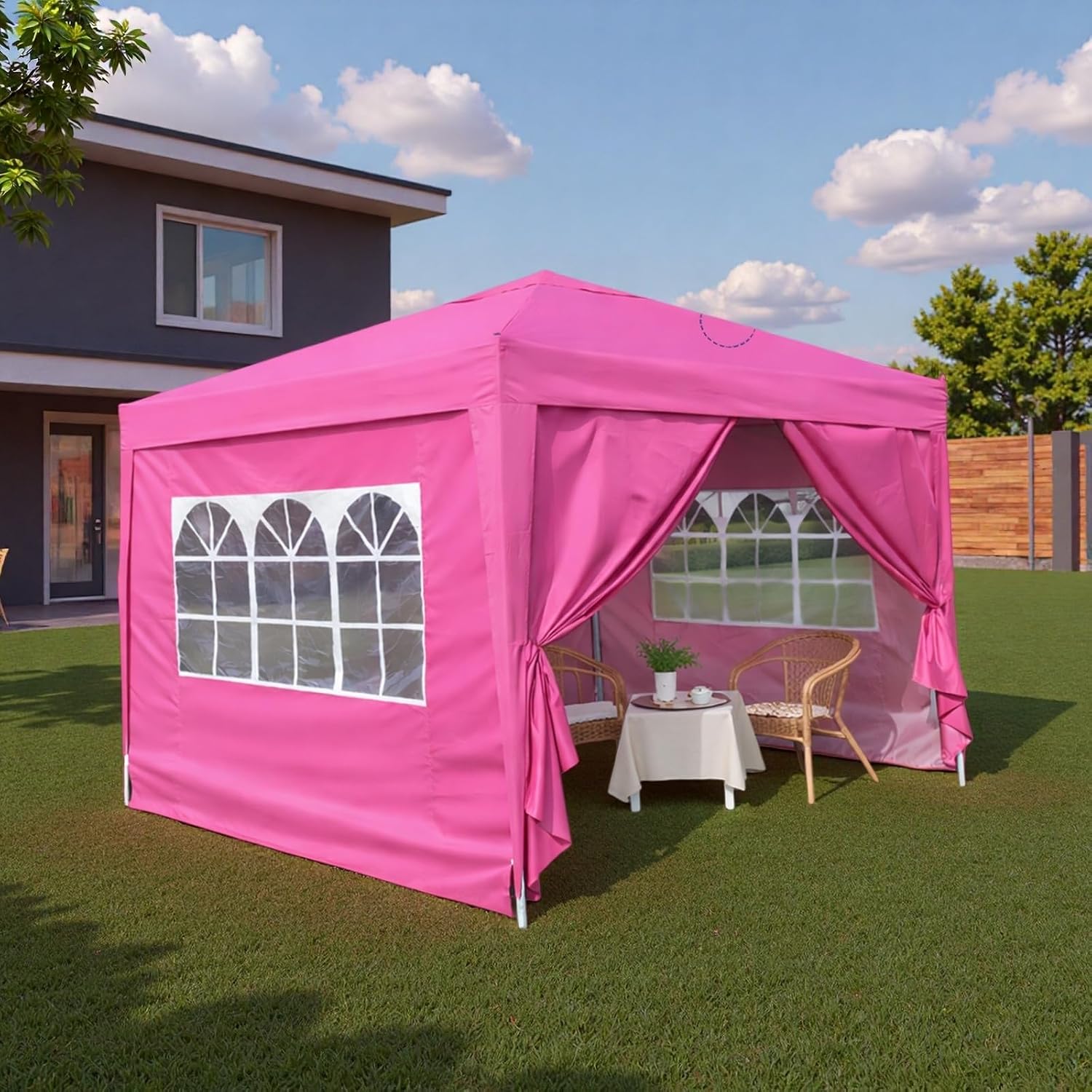 10x10FT Canopy Tent, Outdoor Gazebo Pop up Canopy with 4 Removable Sidewalls & 2 Windows, Patio Camping Shade Canopy with 4 PCS Weight Sand Bag & Carry Bag, Ideal for Parties Events, Magenta