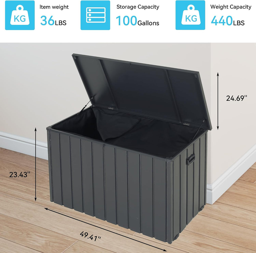 Outdoor Storage Box, 100 Gallon Metal Deck Box Built-in a Oxford Fabric Storage Bag, Lockable & Waterproof Outside Patio Storage Box for Cushions, Tools, Pool Floats- Grey