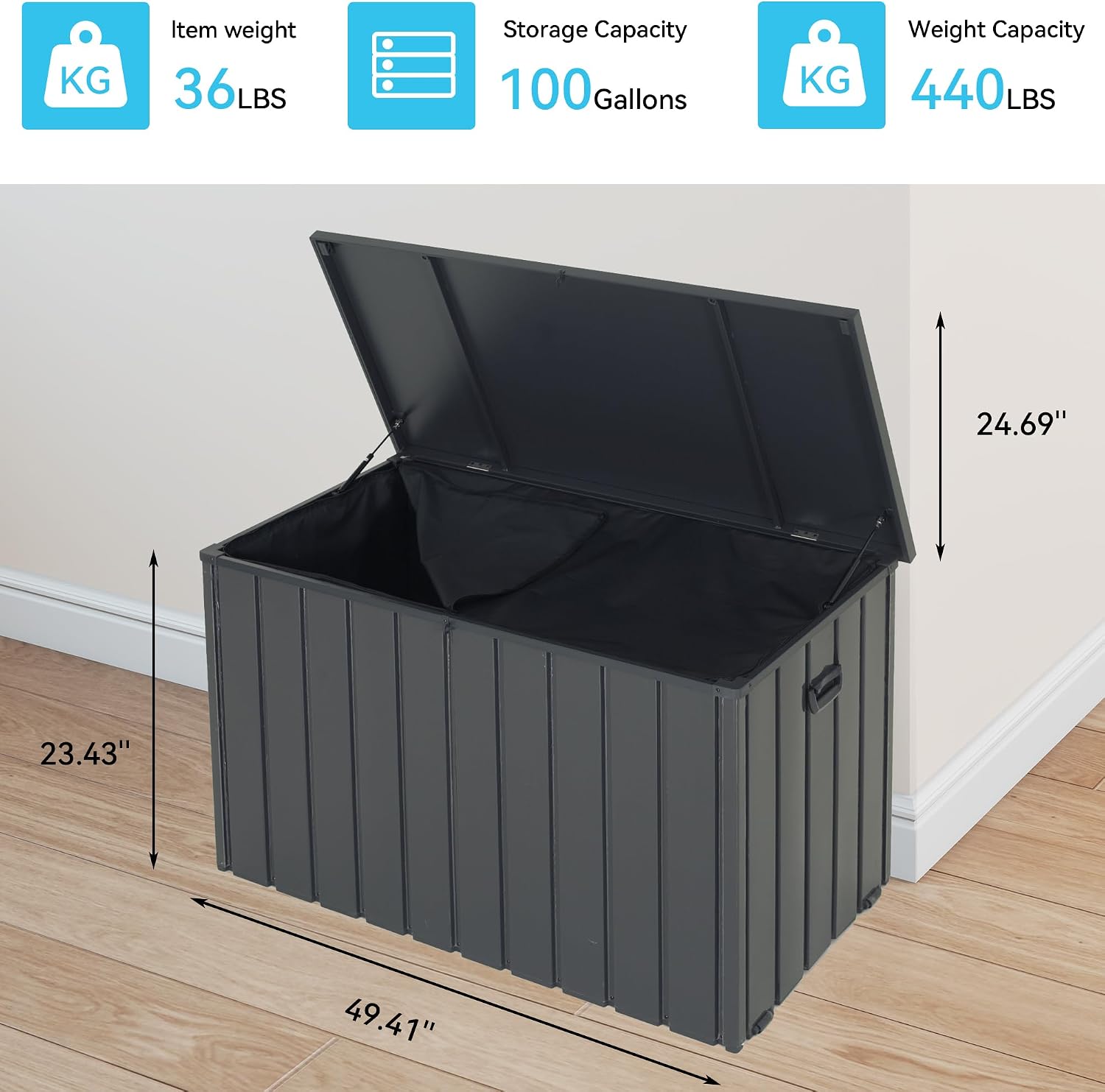 Outdoor Storage Box, 100 Gallon Metal Deck Box Built-in a Oxford Fabric Storage Bag, Lockable & Waterproof Outside Patio Storage Box for Cushions, Tools, Pool Floats- Grey