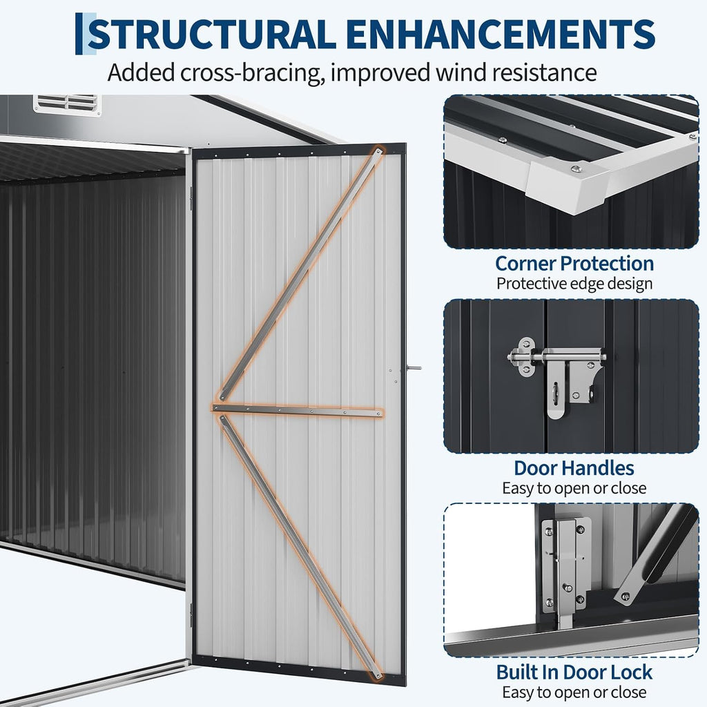 Garvee 10 x 12 ft Outdoor Storage Shed, Heavy-Duty Waterproof Tool Shed Storage with Lockable Door, Vents and Updated Frame Structure, Large Metal Tool Shed for Backyard, Patio Lawn, Grey