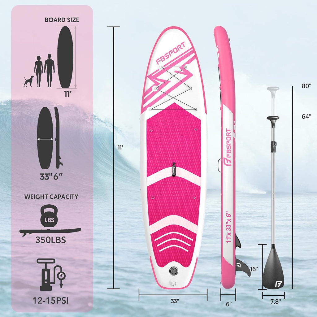 FBSPORT 11' Premium Stand Up Paddle Board, Yoga Board with SUP Accessories & Carry Bag | Wide Stance, Surf Control, Non-Slip Deck, Leash, Paddle and Pump for Youth & Adult