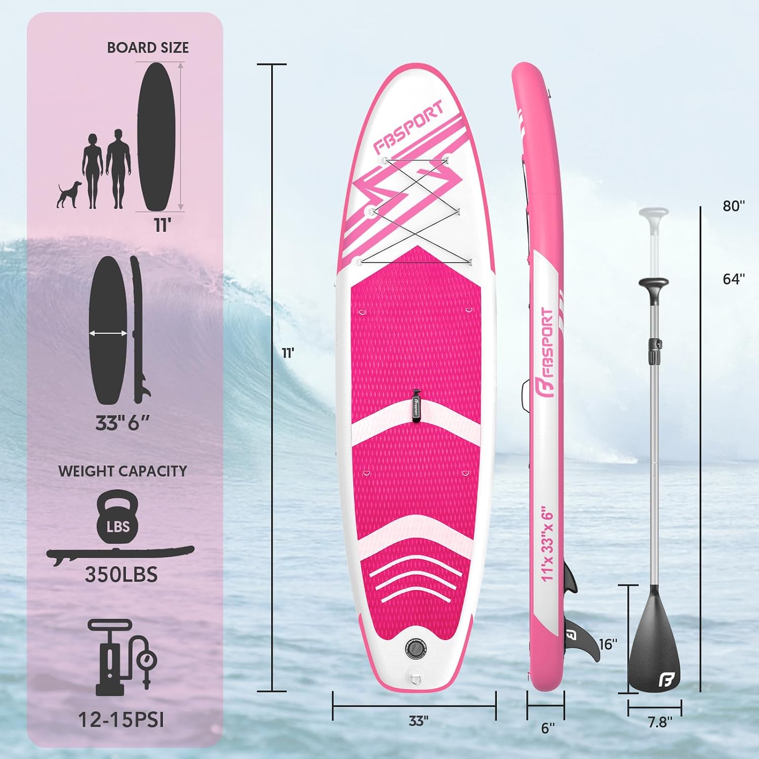 FBSPORT 11' Premium Stand Up Paddle Board, Yoga Board with SUP Accessories & Carry Bag | Wide Stance, Surf Control, Non-Slip Deck, Leash, Paddle and Pump for Youth & Adult