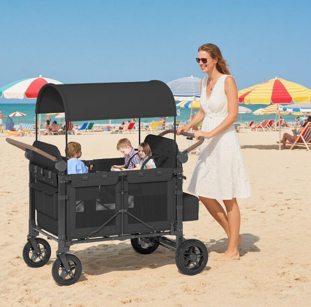 4 Seater Wagon Stroller,Foldable Stroller with Safety Belt, Puncture-Proof Tires, All-Terrain Wagon with 360° Swivel Lockable Wheels, Large Storage Bag, Canopy,51.18 * 31.5 * 43.31 in.