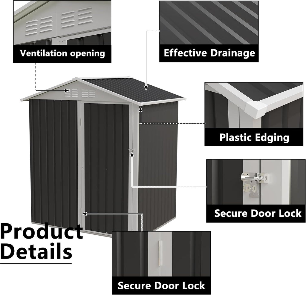 YOPTO 5.4x4.27 FT Outdoor Storage Shed, Metal Garden Tool Shed with Sloping Roof and Lockable Doors for Backyard Garden Patio Lawn, Grey