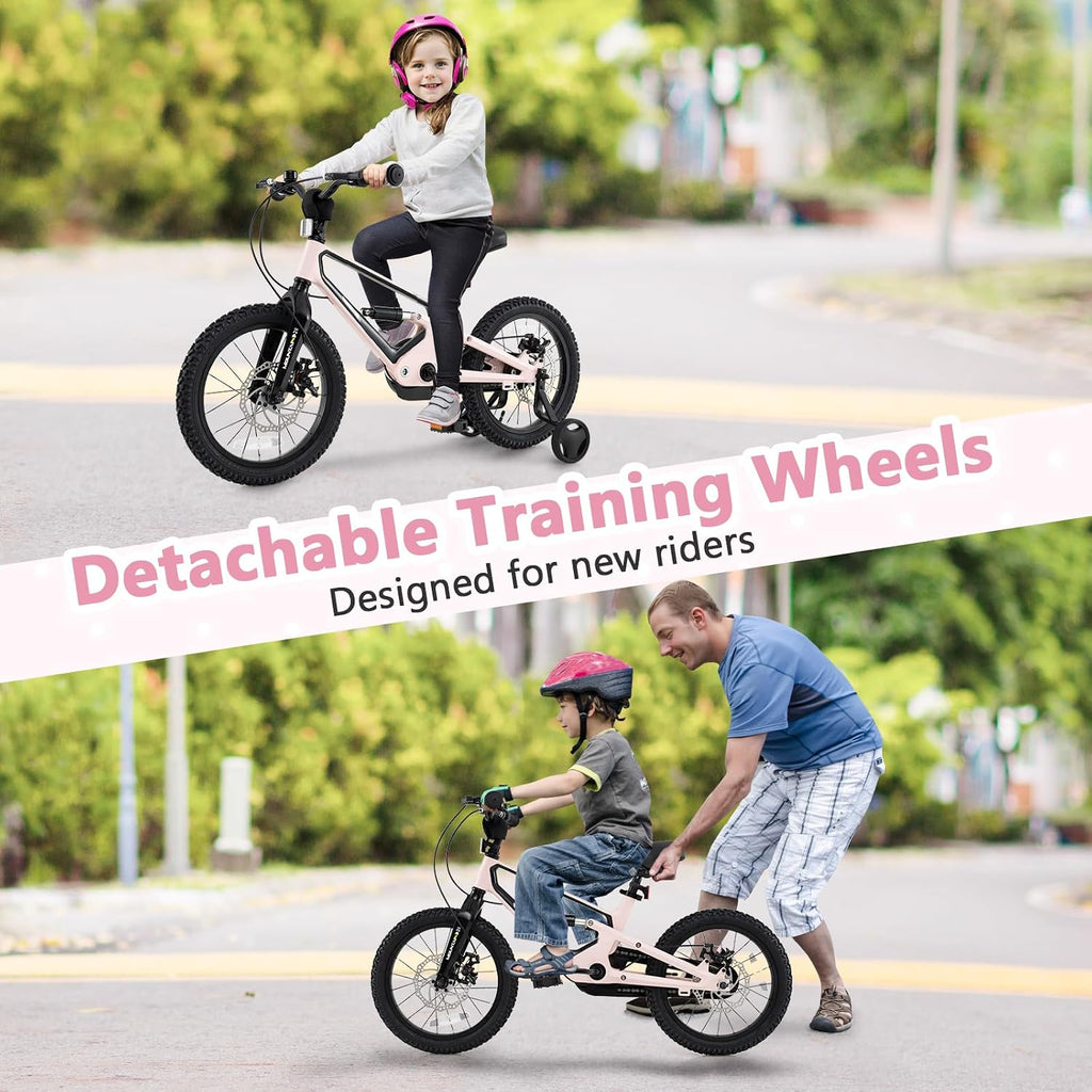 BABY JOY Kids Bike, 16' Magnesium Sporty Bicycle with Dual Disc Brakes, Removable Training Wheels, Body Suspension, Adjustable Handlebar & Saddle, Girls Boys Bike