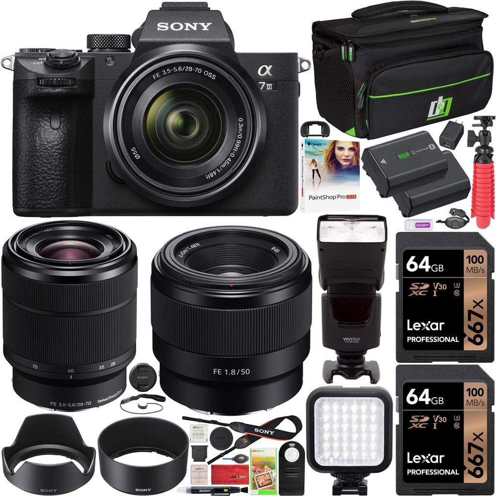 Sony ILCE-7M3K/B a7III Full Frame Mirrorless Camera with 2 Lens Kit FE 28-70mm F3.5-5.6 SEL2870 + FE 50mm F1.8 SEL50F18F | Official Sony USA Partner Model | Bundle with 2X 64GB Cards, Deco Gear Case