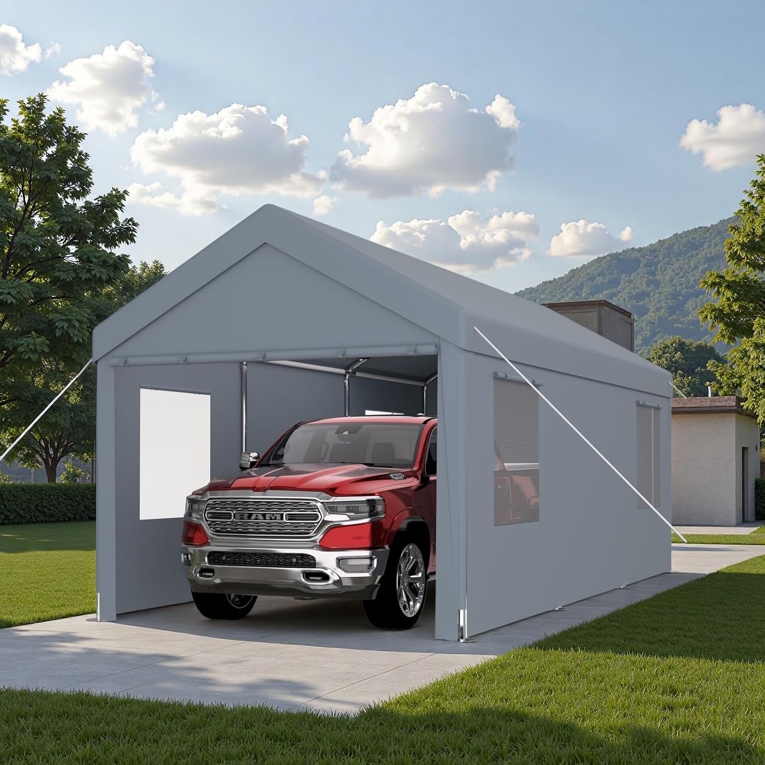 10x20FT Canopy, Outdoor Portable Garage with 2 Roll-Up Doors & 4 Ventilated Windows, Patio Camping Heavy Duty Car Port Canopy with PE Cover, Ground Pegs & Steel Cables, Easy Assembly, Grey