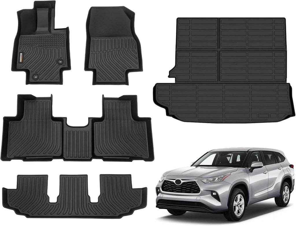 Binmotor-for Toyota Highlander 2020-2024 2025 Custom Fit Floor Mats and Cargo Liner Set, 3 Rows with Cargo Mat Set,TPE Rubber Liners for Toyota Highlander Accessories Mats Trunk Mat-Black