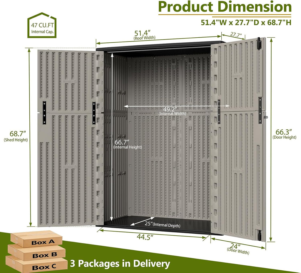 ZZM 57 Cu.ft Outdoor Storage Shed with Floor HDPE Double-Wall Resin Sheds Outdoor Storage, Lockable Weatherproof Storage Cabinet Fit for Garden Tools, Garage can, Bike, Patio Furniture, Brown