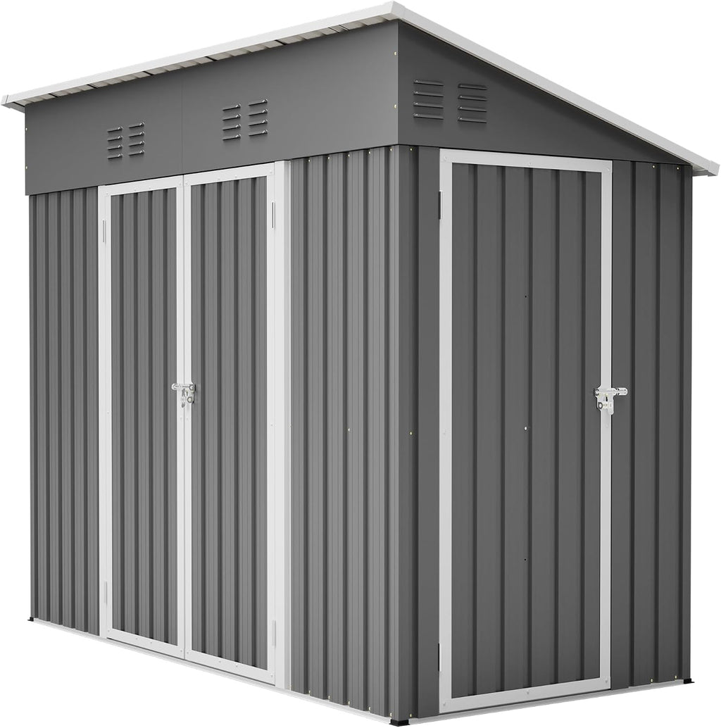 4' x 8' Metal Shed with Two Doors,Outdoor Lean to Storage Shed, Garden Tool Storage Cabinet for Backayrd, Patio and Outdoor Use,Grey