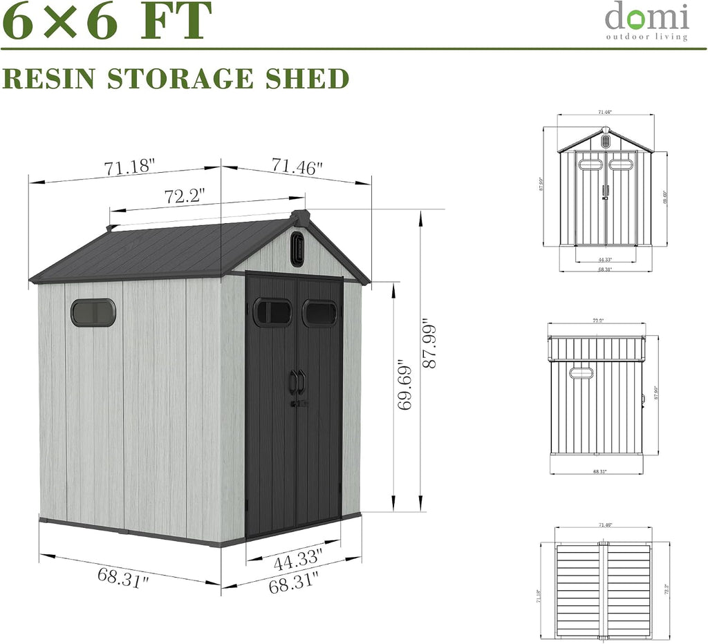 Domi 6x6FT Outdoor Resin Storage Shed with Transparent Windows & Louvered Vents, Plastic Tool Shed with Double Lockable Doors & Gable Roof, Outside Garden Shed for Backyard, Patio, Lawn, Grey