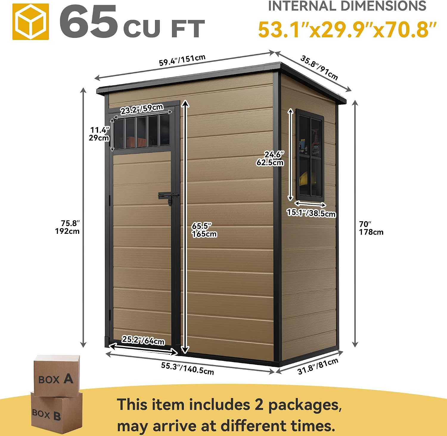 DWVO 5x3FT Outdoor Storage Shed, All-Weather Resin Plastic Storage Shed with Windows, Slanted Roof, Raised Floor, 65 cu.ft Capacity for Garden Tools & Equipment, Ideal for Backyard & Garden, Brown