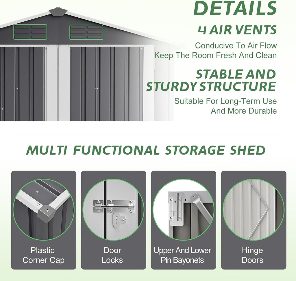 4×6 Ft Metal Outdoor Storage Shed with Floor Base, 0.25mm Galvanized Steel Metal Garden Shed Waterproof with Lockable Door for Backyard, Patio, Garden, Dark Grey
