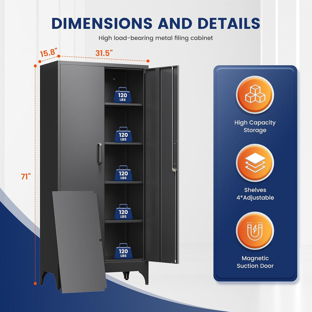Yizosh Metal Garage Storage Cabinet with 2 Doors and 4 Adjustable Shelves - 71' Steel Lockable File Cabinet,Locking Tool Cabinets for Home,Office,Garage,Gym,School