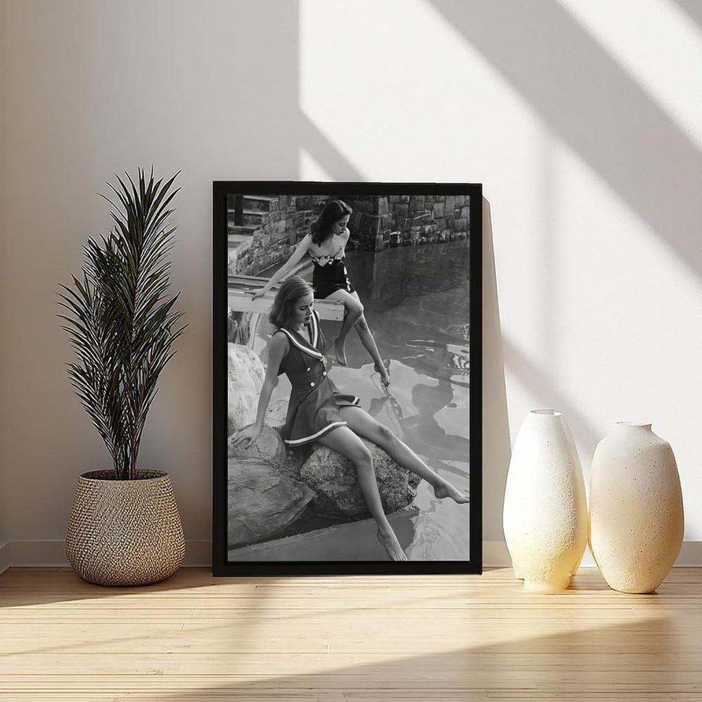 UXCBIA Young Woman, Paris, France, 1950s, Retro Women's Fashion Swimsuit, Black And White Poster Canvas Poster Bedroom Decor Sports Landscape Office Room Decor Gift Black Frame 24x36in(60x90cm)