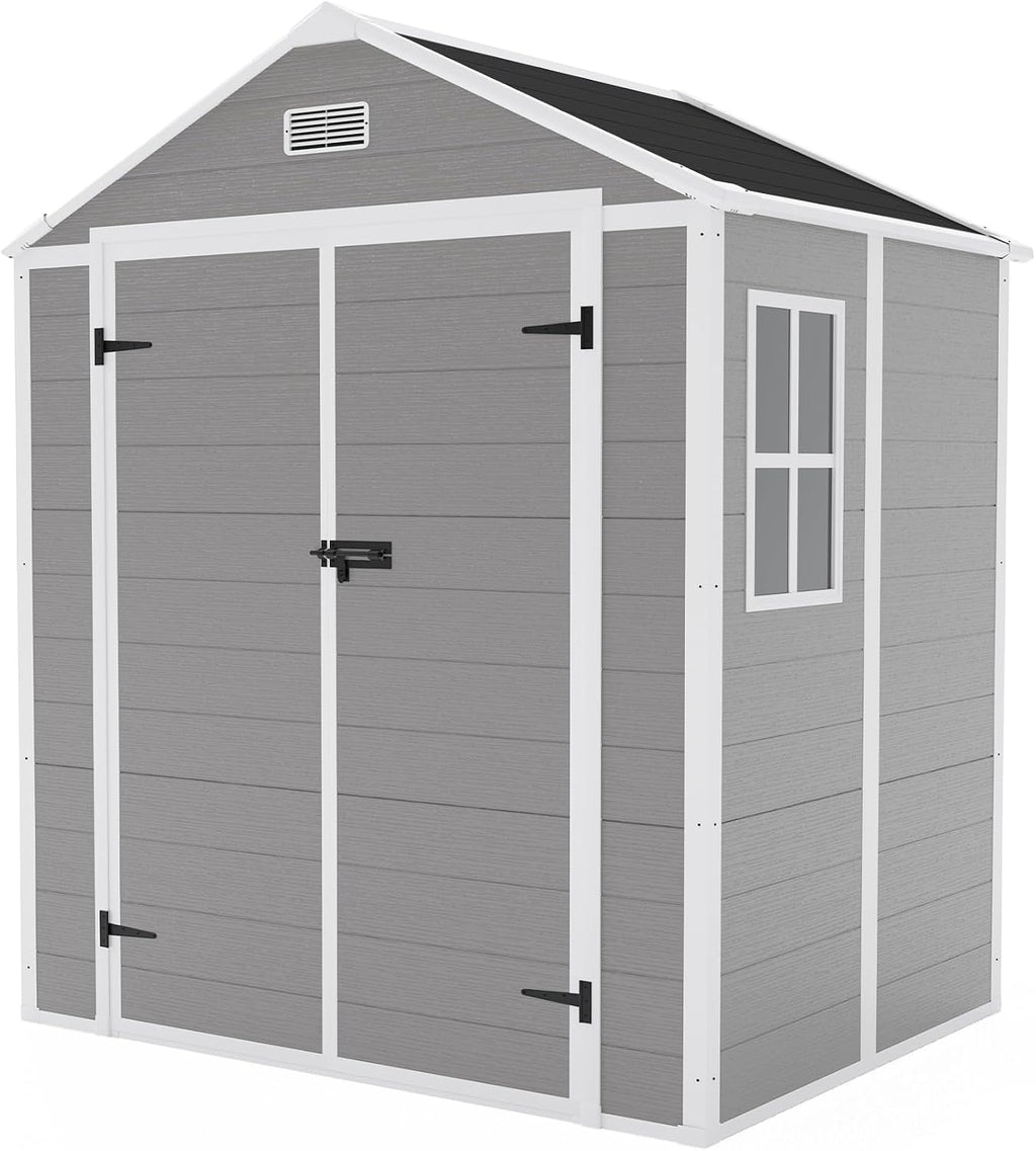 Outdoor Storage Shed 6x5 FT, Resin Shed with Floor & Window, Lockable Door, Vents, Outside Sheds & Garden Shed for Patio Furniture, Gardening Tools, Pool Equipment (Grey, 6 * 5ft)