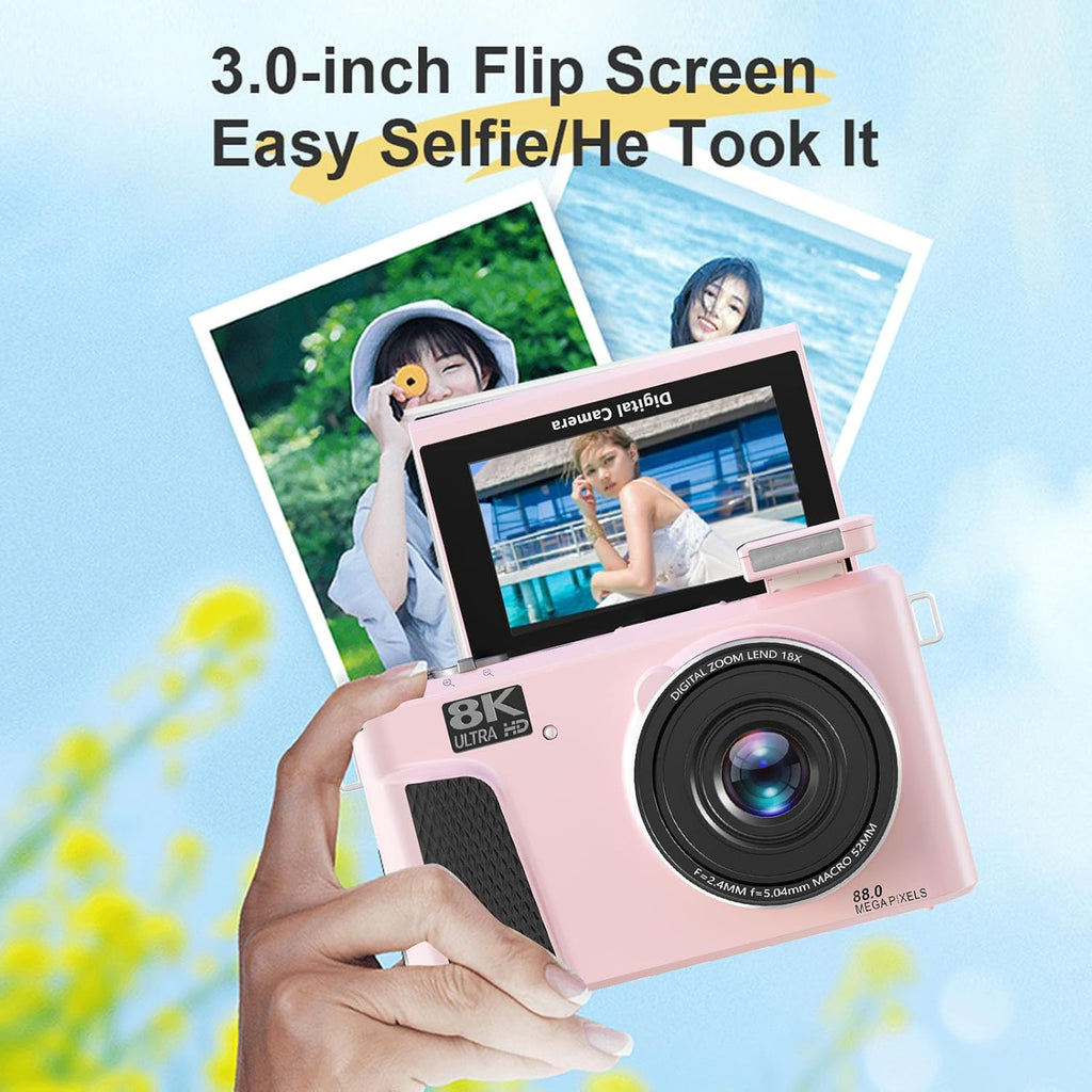 PUSOKEI 8K Digital Camera, Auto Focus 88MP Cameras for Photography, 18x Zoom WiFi Vlogging Camera, 3 inch Flip Screen, with Webcam Mode, Filter, Multiple Filters LED Fill Light (Pink)