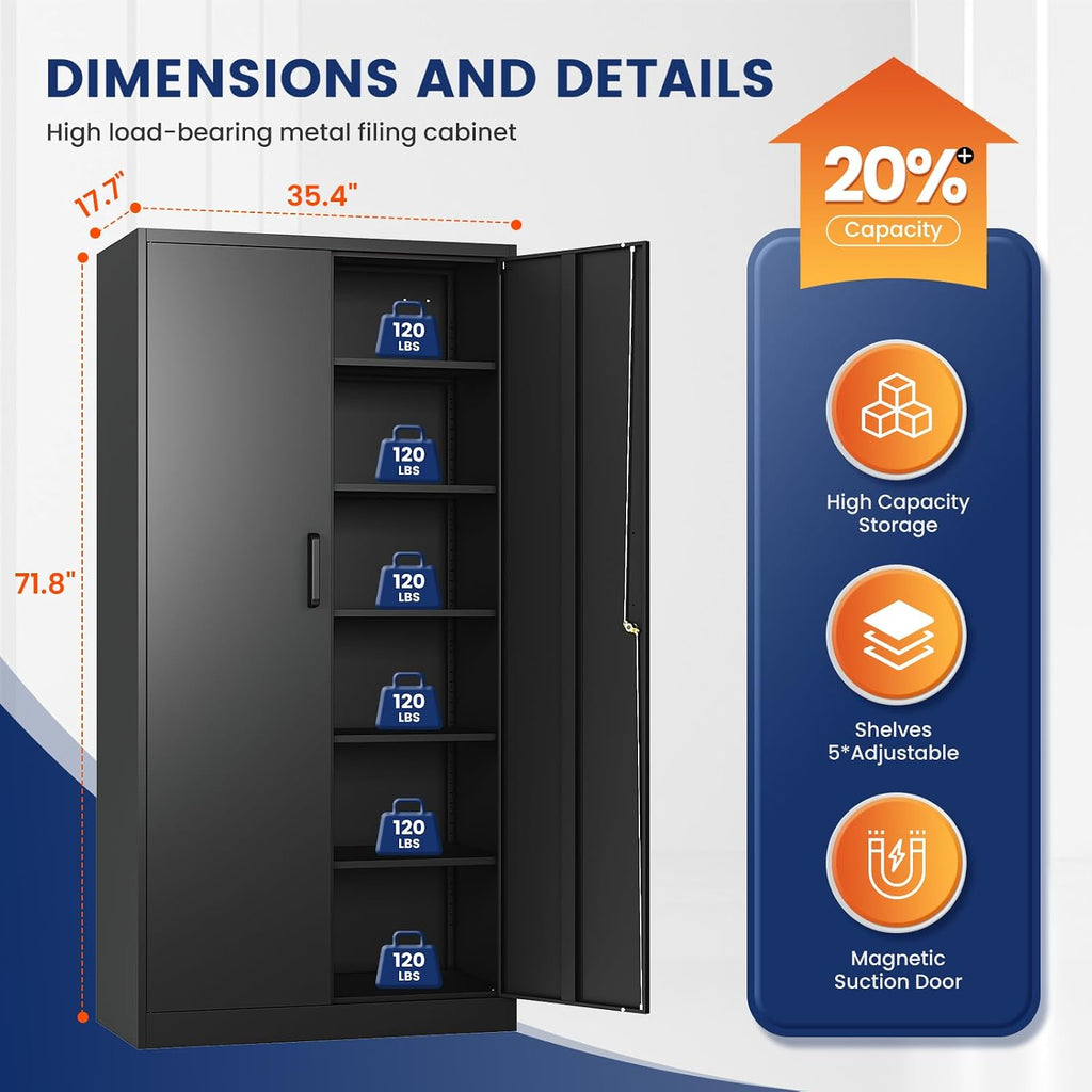 Yizosh Metal Storage Cabinet with Lock - 72' Garage Storage Cabinet with 2 Locking Doors and 5 Adjustable Shelves, Black Steel Lockable for Office,Home,Garage