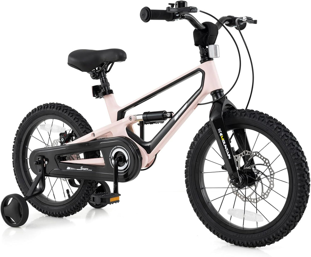 BABY JOY Kids Bike, 16' Magnesium Sporty Bicycle with Dual Disc Brakes, Removable Training Wheels, Body Suspension, Adjustable Handlebar & Saddle, Girls Boys Bike