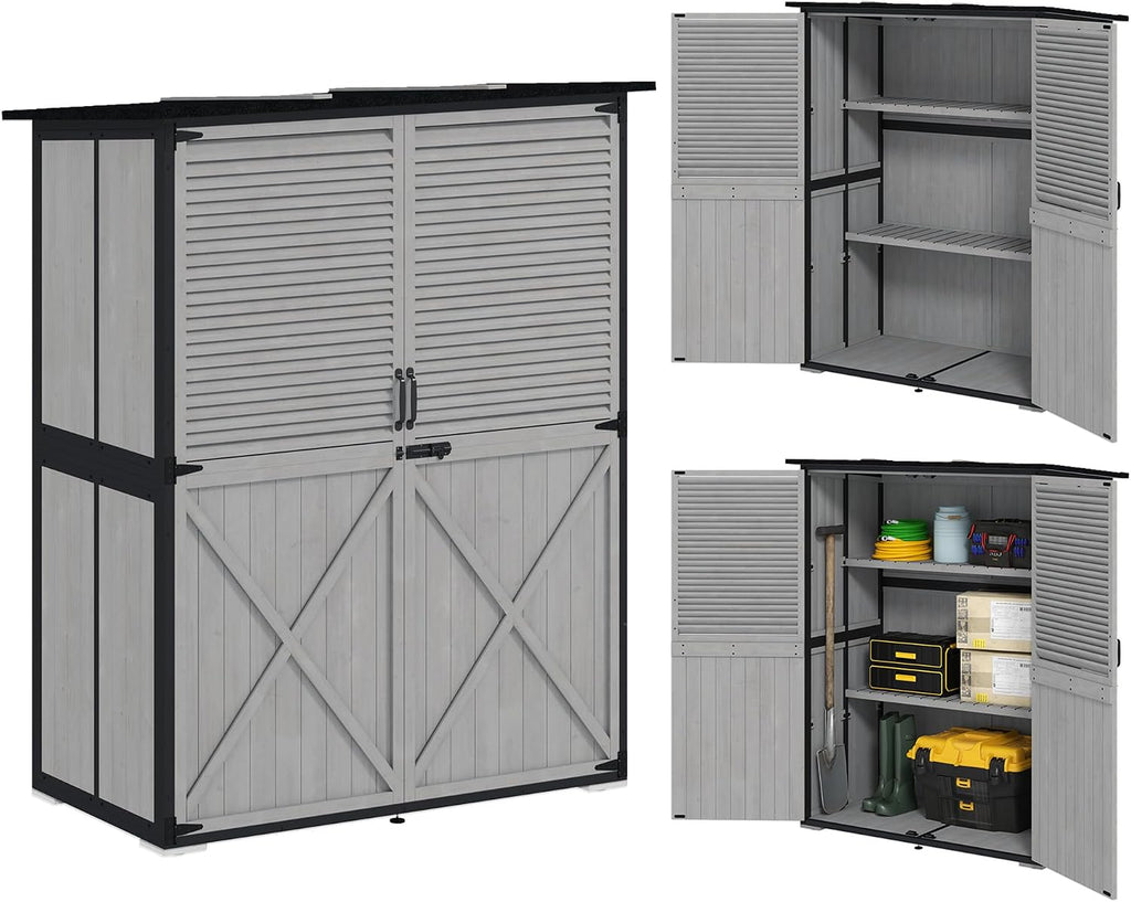 Outsunny Outdoor Storage Cabinet, Wood Garden Tool Shed with Lock, Steel Frame and Asphalt Roof, Garden Storage Shed with Adjustable Shelves and Feet for Patio Backyard Lawn, Gray