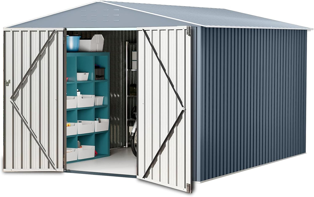 10x10FT Outdoor Metal Storage Shed, Lockable Weatherproof Garden Shed for Tools & Equipment, Durable Galvanized Steel with Sloping Roof & Ventilation, Ideal for Backyard, Patio & Garage Storage, Grey