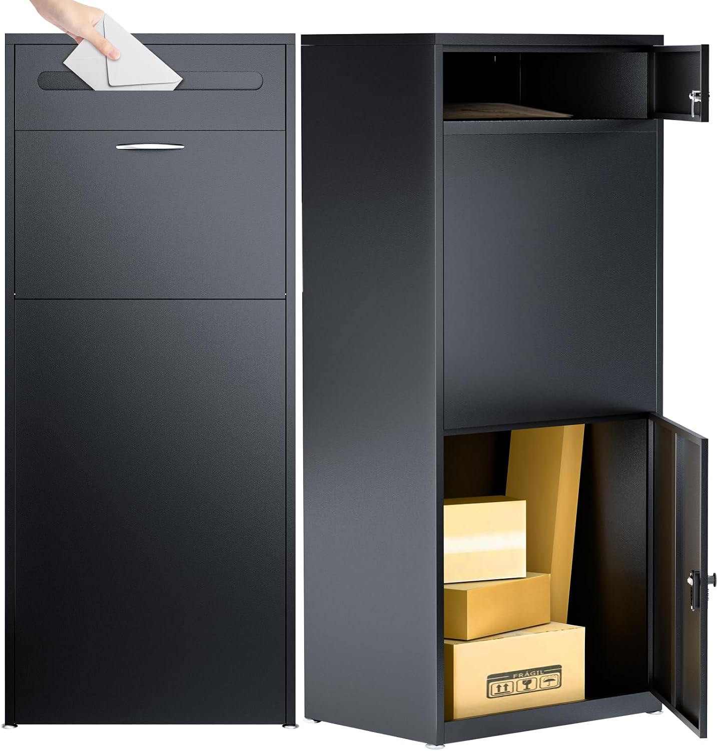Package Delivery Boxes for Outside, Extra Large Parcel Drop Boxes with Secure Storage, Anti-Theft Galvanized Steel,Waterproof Package Delivery Box for Outdoor Porch (20''L x 15''W x 48''H/ Black)