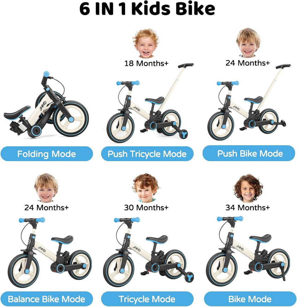 JMMD 6 in 1 Toddler Bike with Push Handle for Kids 18-60 Months, 12' Foldable Balance Bike with Training Wheels, Pedals, Brakes, Kickstand, Push Tricycle Toddler Gift & Toys for Boy & Girl