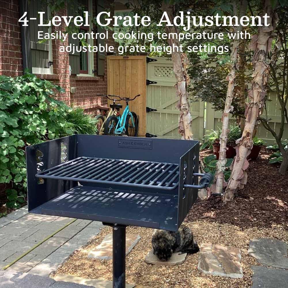 Ash & Ember 384 Sq. In Park-Style Charcoal Grill, Single Post Barbeque Grill with Bolt-Down Base, Adjustable Grate Height with Spring Handles, Outdoor Camping & Backyard BBQ Cookout