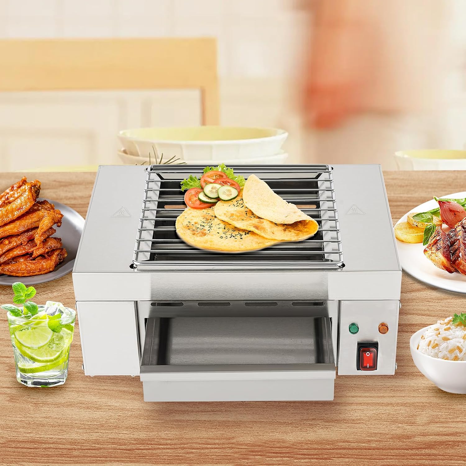 Electric Barbecue Grill, 110V 1500W Indoor Small Korean BBQ Grill with Barbecue Clip&Detachable Grill Mesh&Tray for Home and Commercial Use, Stainless Steel