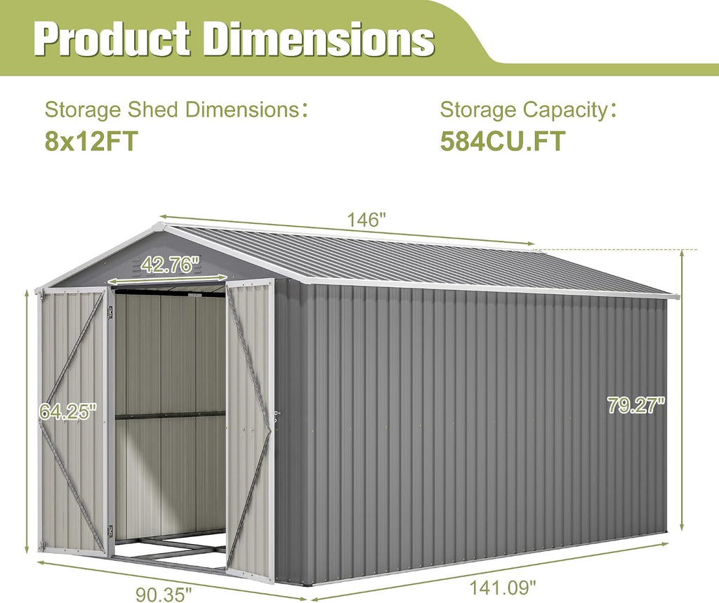 8x12 FT Outdoor Storage Shed, Utility Metal Tool Storage with Lockable Doors,Galvanized Steel FrameStructure, Metal Garden Shed for Backyard, Patio,Lawn