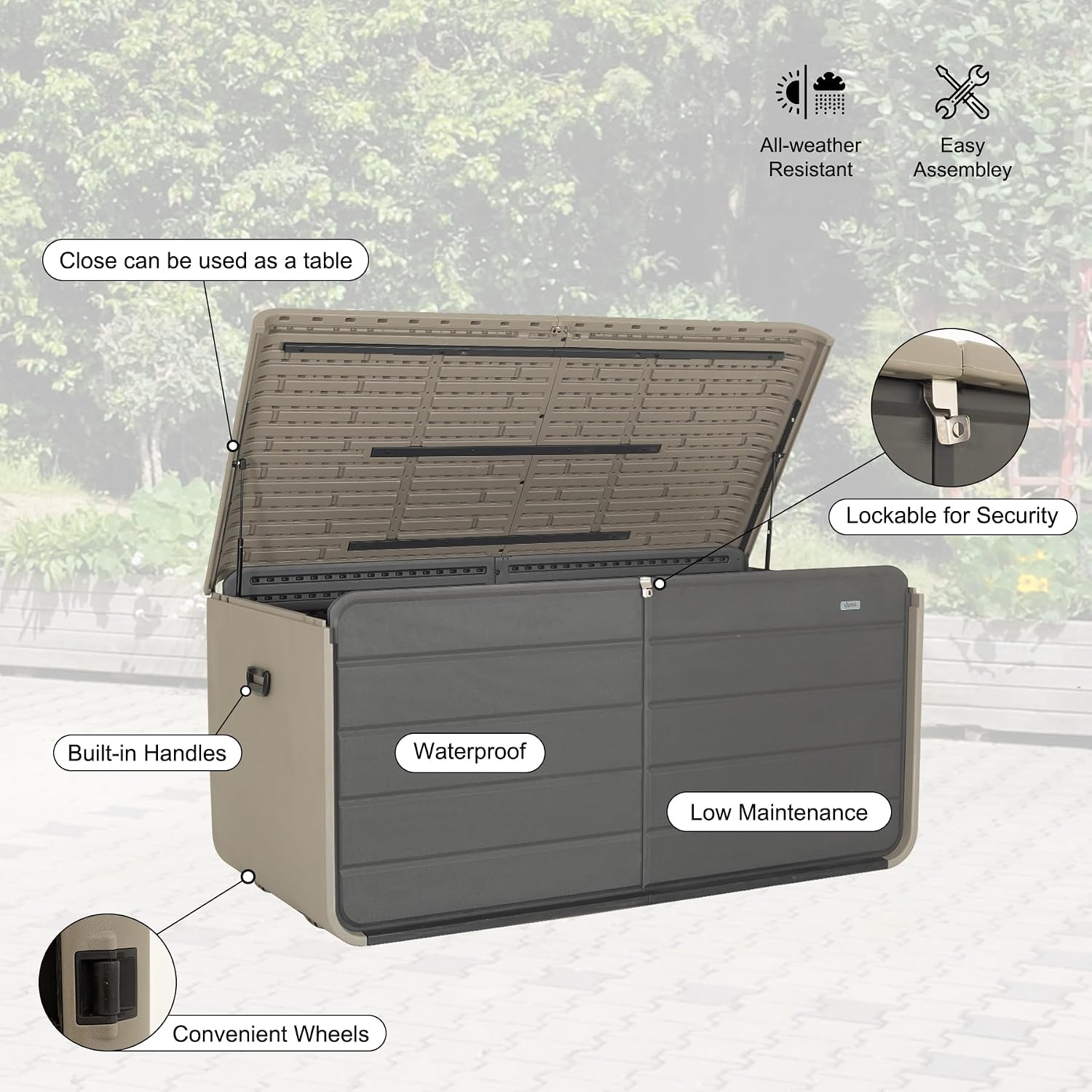 Domi 160 Gallon Resin Deck Box, Waterproof & UV-Resistant Outdoor Large Storage Box Lockable Storage Bin for Patio Cushions Pool Supplies Garden Tools and Delivery Storage