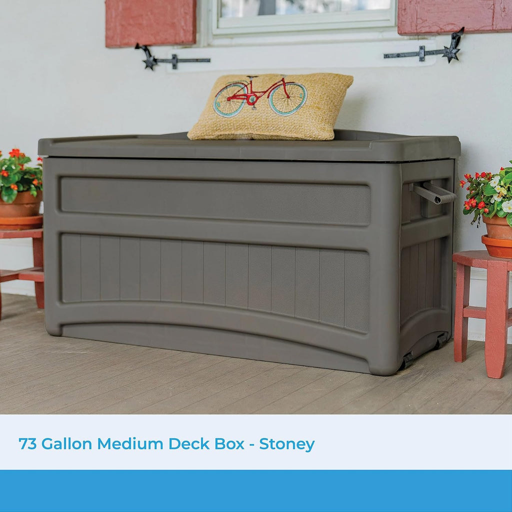 Suncast Outdoor Storage Box - 73 Gallon Stoney Resin Deck Box with Wheels, Handles, and Seat, Heavy-Duty Indoor/Outdoor Storage Bench for Patio Cushions, Shoes, Pool & Garden Gear