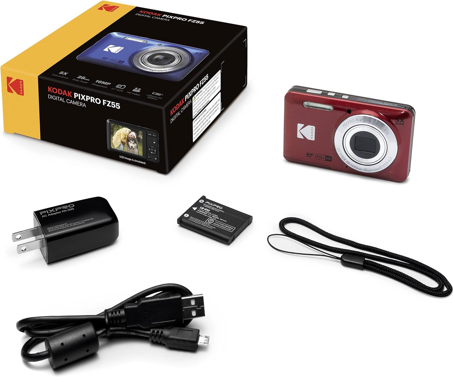 Kodak PIXPRO FZ55 Red 16MP Digital Camera 5X Optical Zoom 28mm Wide Angle 1080P Full HD Video 2.7' LCD Camera + 64GB Card and Reader + Memory Wallet + Tripod + Cleaning Bundle