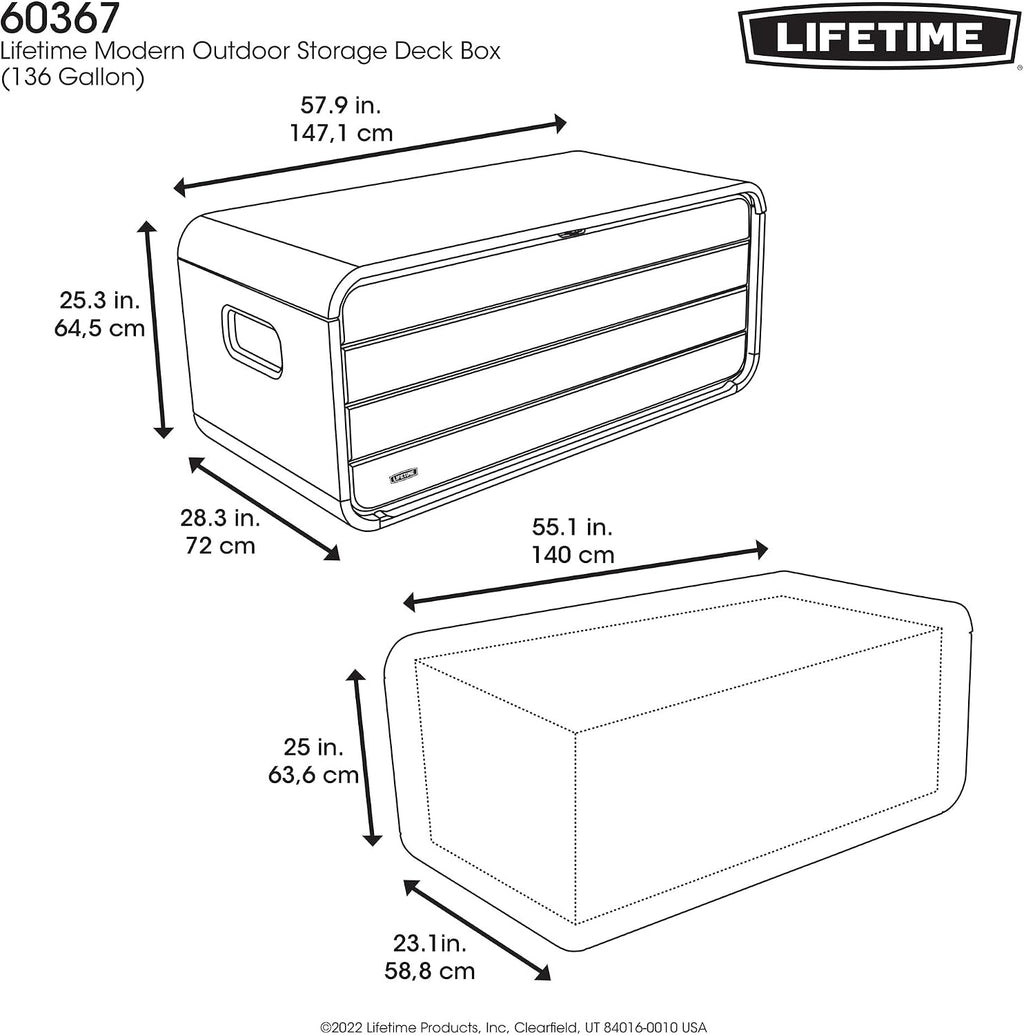 LIFETIME 136‑Gallon Modern Deck Box, Outdoor Storage Container, Weather‑Resistant, UV‑Protected, Lockable Lid