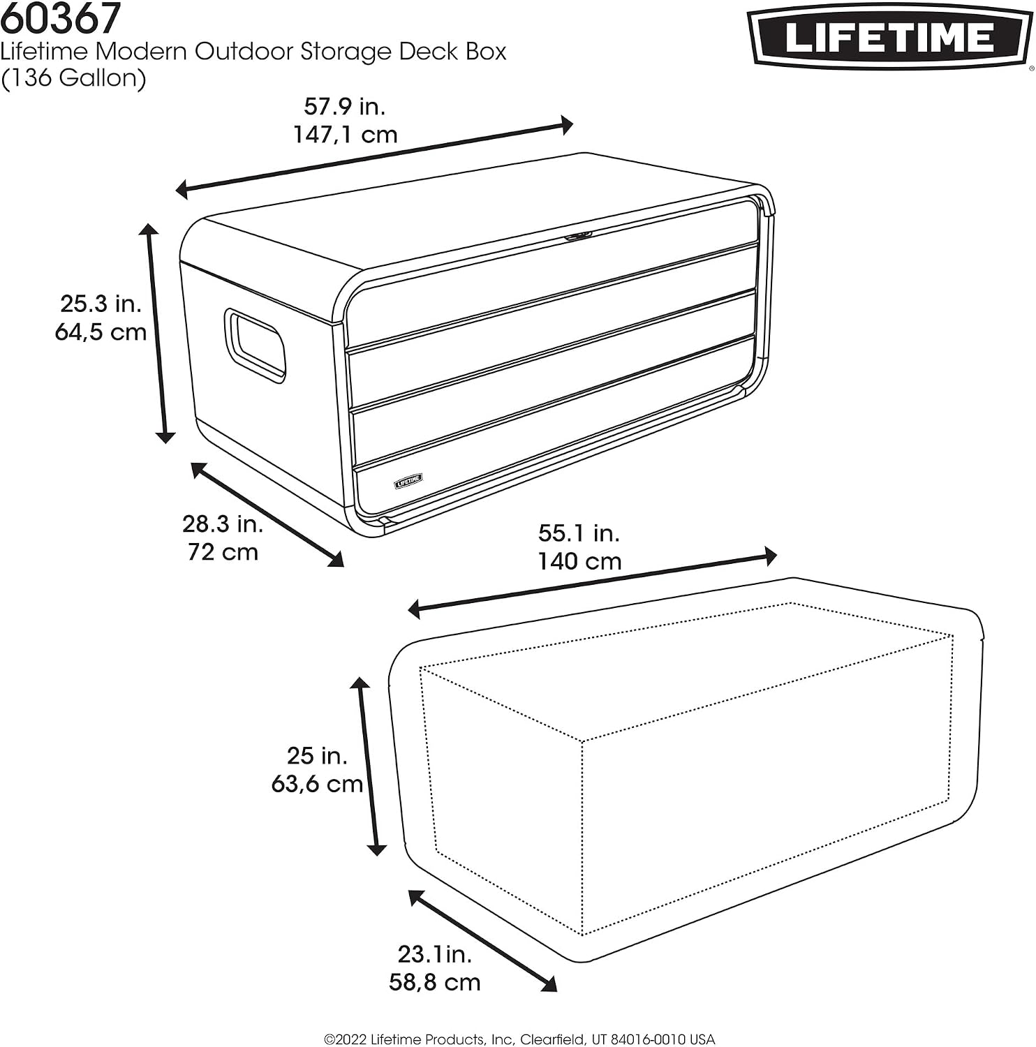LIFETIME 136‑Gallon Modern Deck Box, Outdoor Storage Container, Weather‑Resistant, UV‑Protected, Lockable Lid