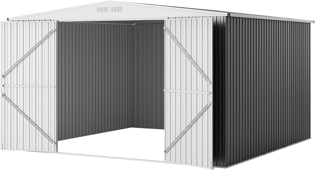 GarveeLife 9x12 Shed for Outdoor Storage, Galvanized Steel Metal Tool Sheds House with Lockable Doors, Lock & Air Vent, Large Utility Sheds for Patio Garden Lawn (9x12.6, Grey)