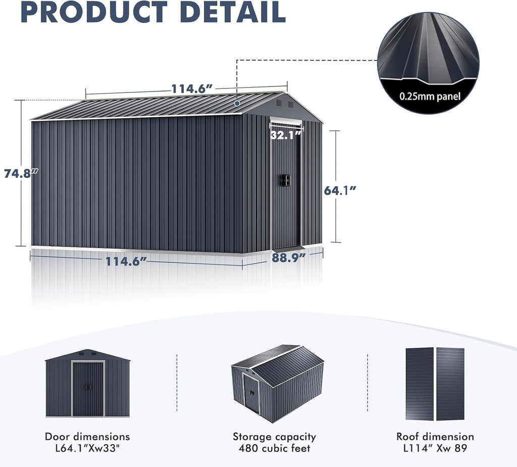 Metal Shed 8x10 FT, Military-Grade Reinforced Frame with Powder Coating, Steel Sheds with Sliding Door and Air Vents for Garden, Backyard, and Patio