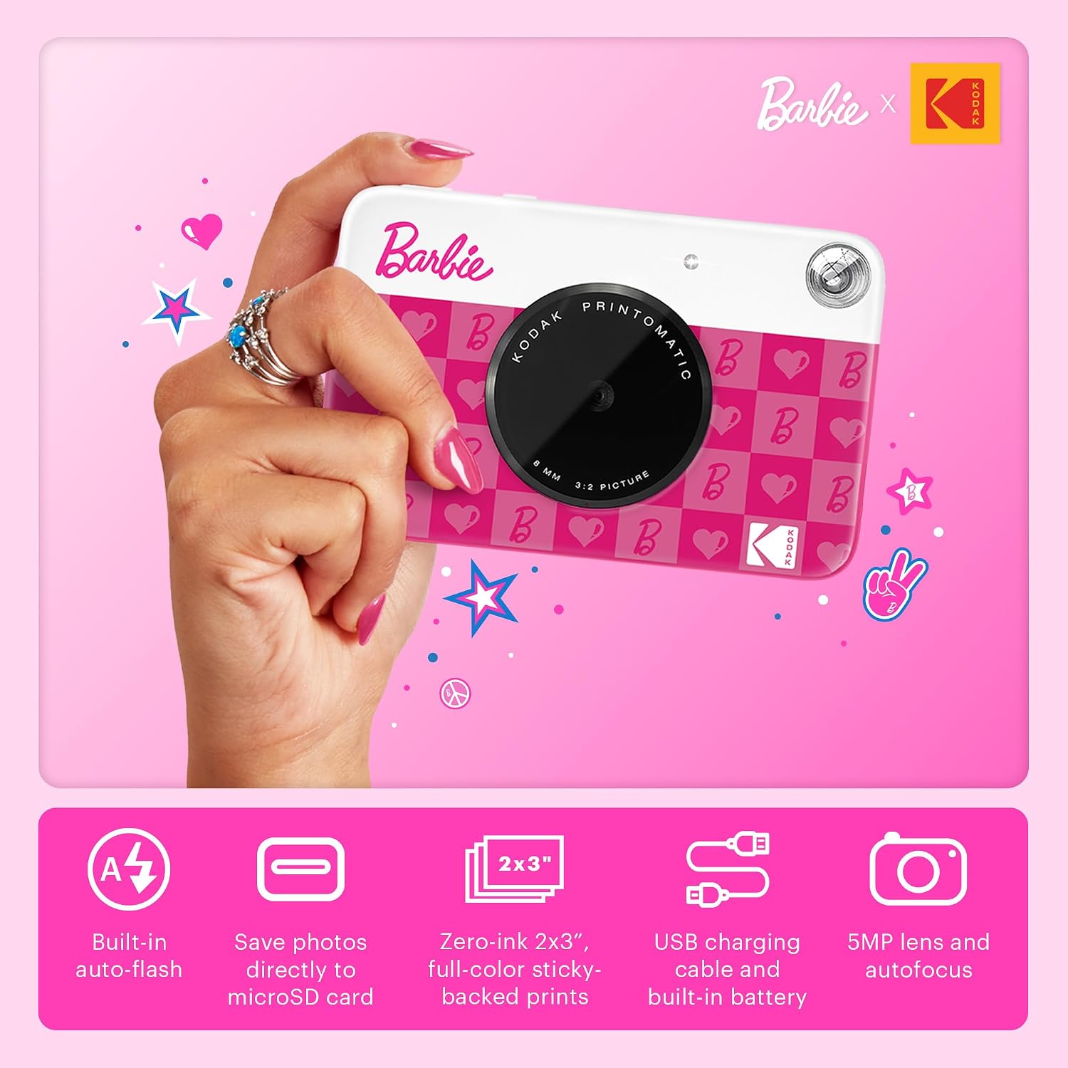 Kodak x Barbie Printomatic Full-Color Instant Print Digital Camera Barbie Gift Bundle (Iconic Style)+ Barbie Camera Case, Photo Album, Sticker & Hanging Frames, 50 Stickers + Zink Paper (20 Sheets)